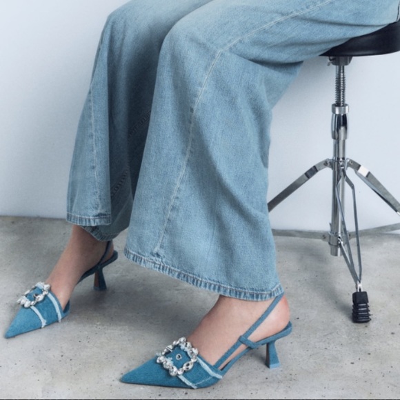 ZARA BUCKED DENIM SLINGBACK SHOES - Picture 7 of 9